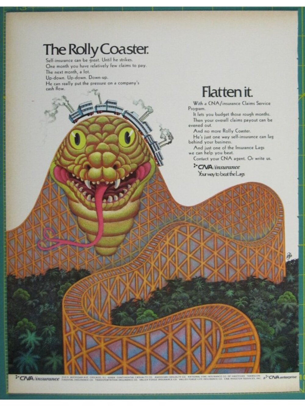 The Rolly Coaster CNA Insurance Advertisement Print 1971 Roller Coaster Snake
